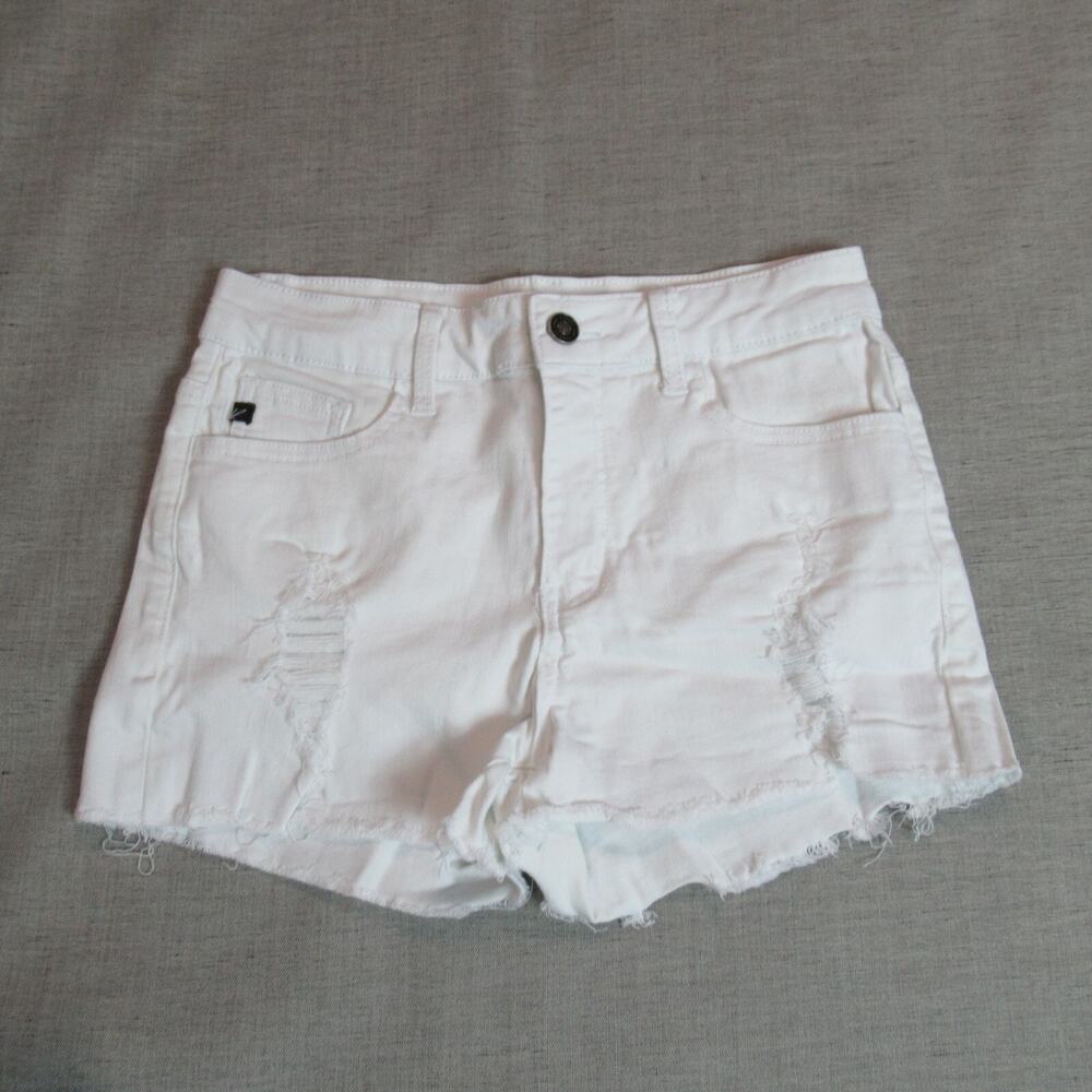 Kancan Shorts Womens 27 White Cutoff Denim Mid Rise Raw Hem Distressed Summer